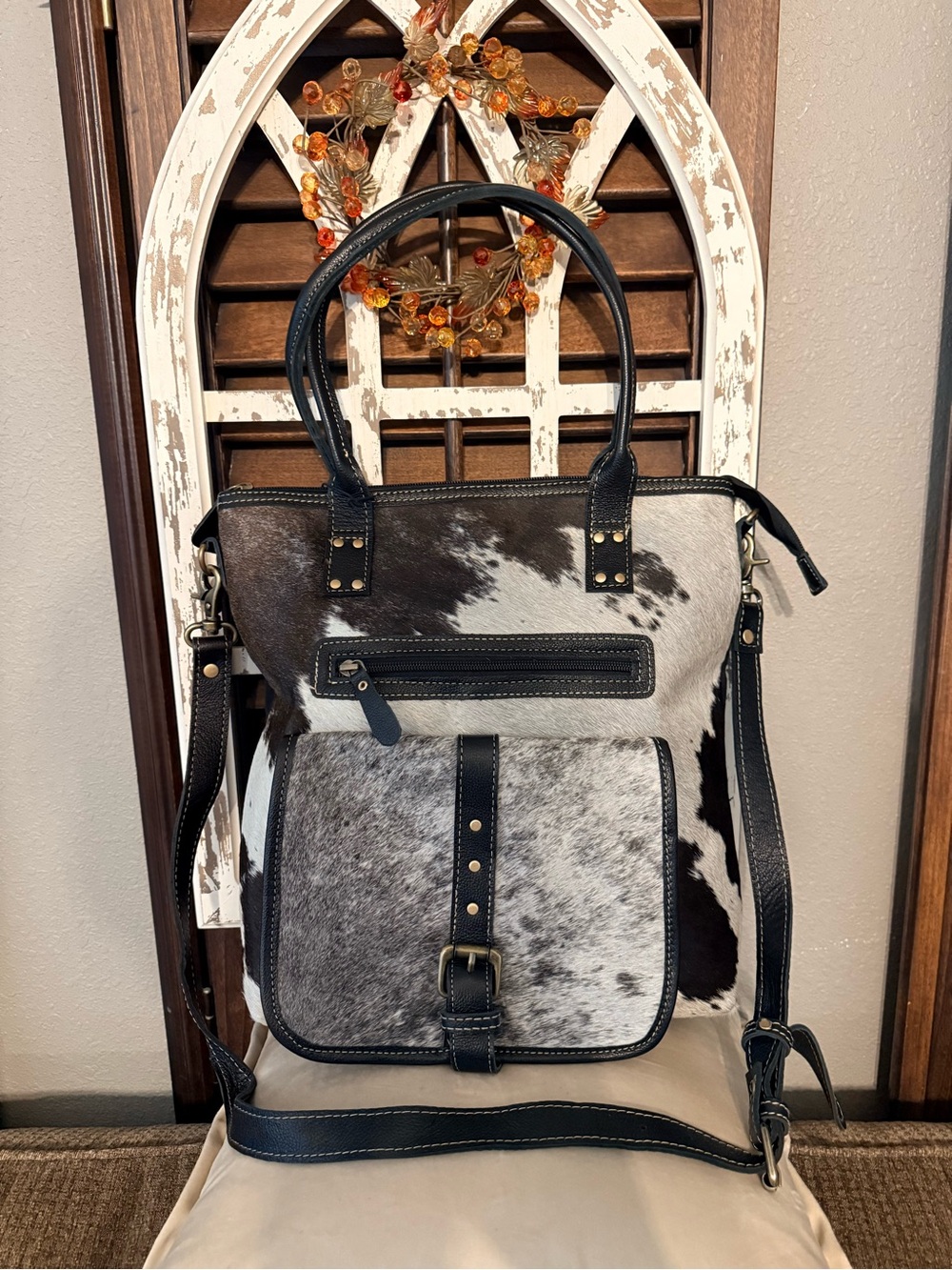 Myra Bag- Mesa Maverick Tote in Black & White Cowhide Leather